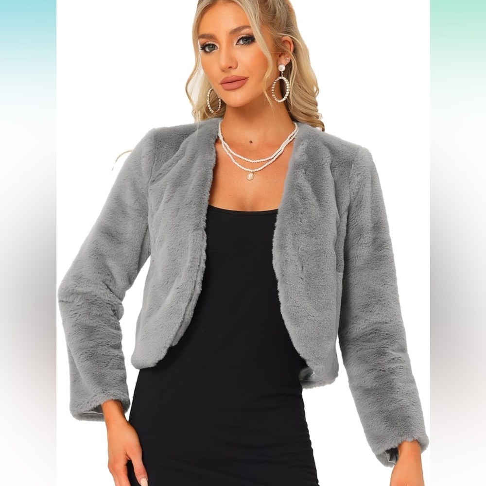Allegra K grey Cropped Faux Fur Jacket